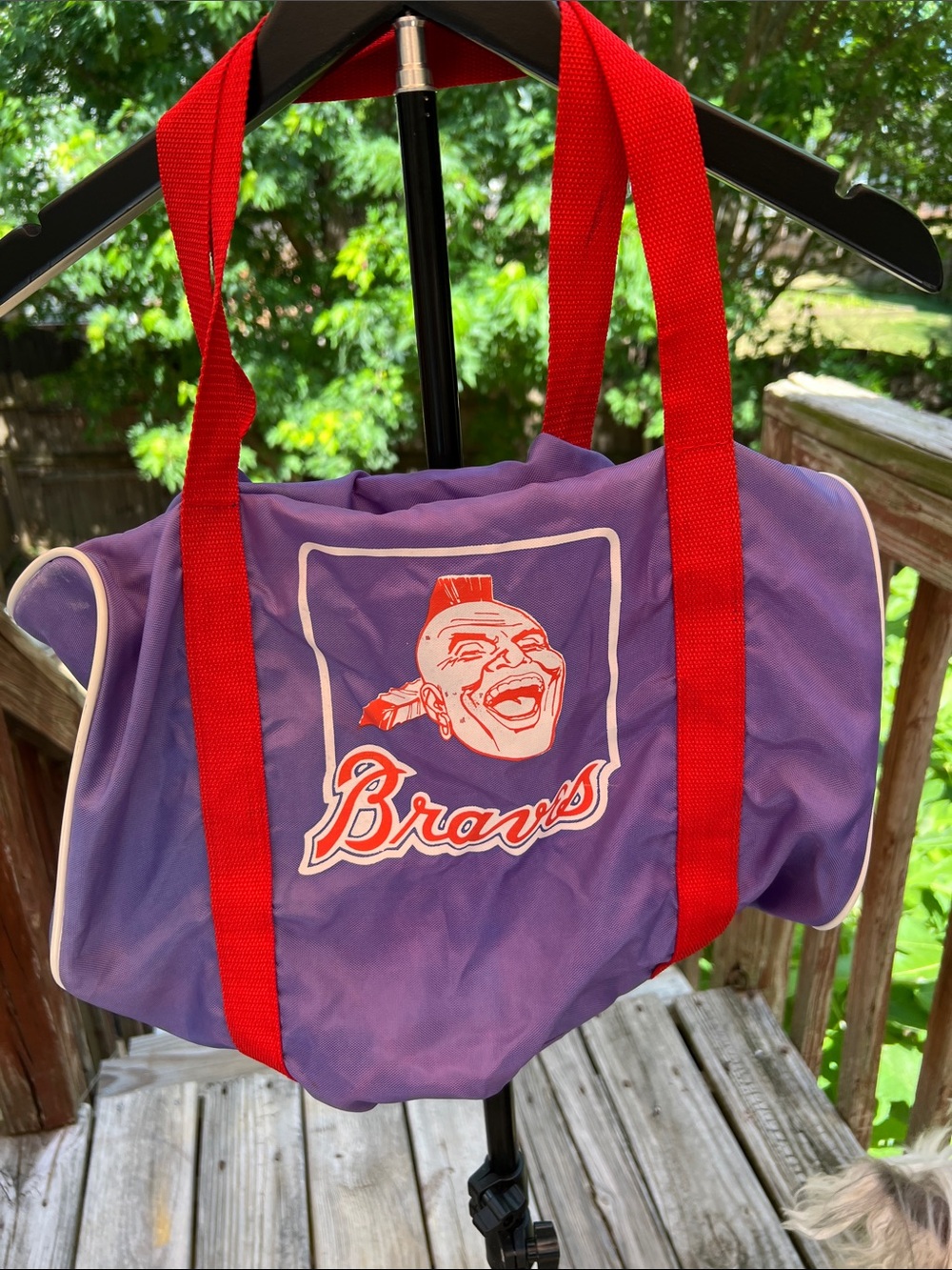 Vintage Atlanta Braves Logo Purple Duffle Bag with Red Straps